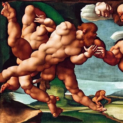 Image similar to the creation of adam by michelangelo, but with primates, highly detailed, painting