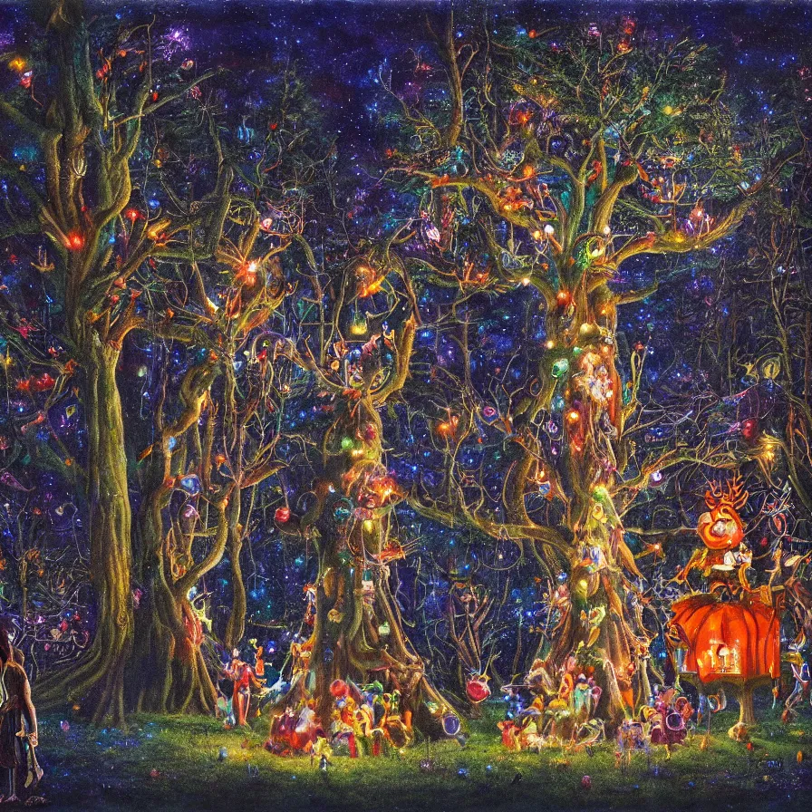 Image similar to a night carnival around a magical tree cavity, with a surreal orange moonlight and fireworks in the background, next to a lake with iridiscent water, christmas lights, folklore animals and people disguised as fantastic creatures in a magical forest by summer night, masterpiece painted bypeter christian skovgaard, dark night environment