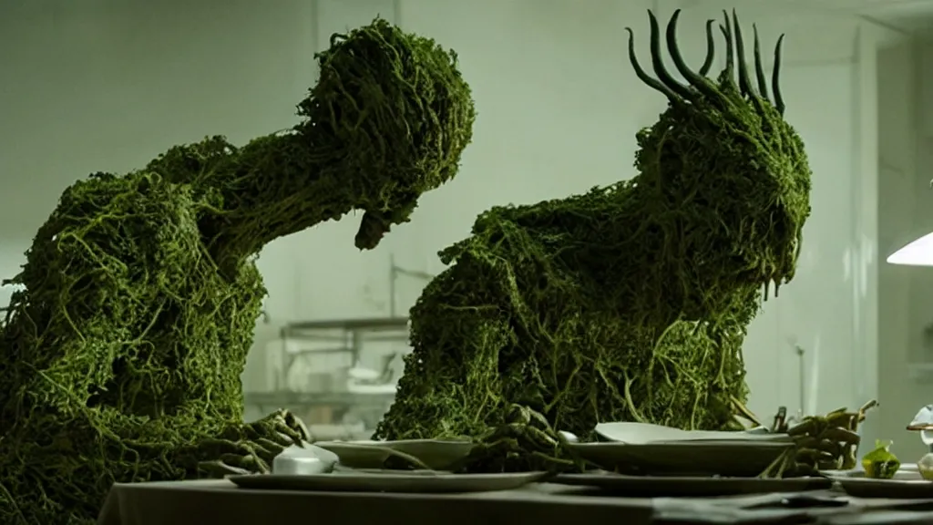 Prompt: the strange creature likes to eat, made of Chlorophyll and metal, film still from the movie directed by Denis Villeneuve with art direction by Salvador Dalí