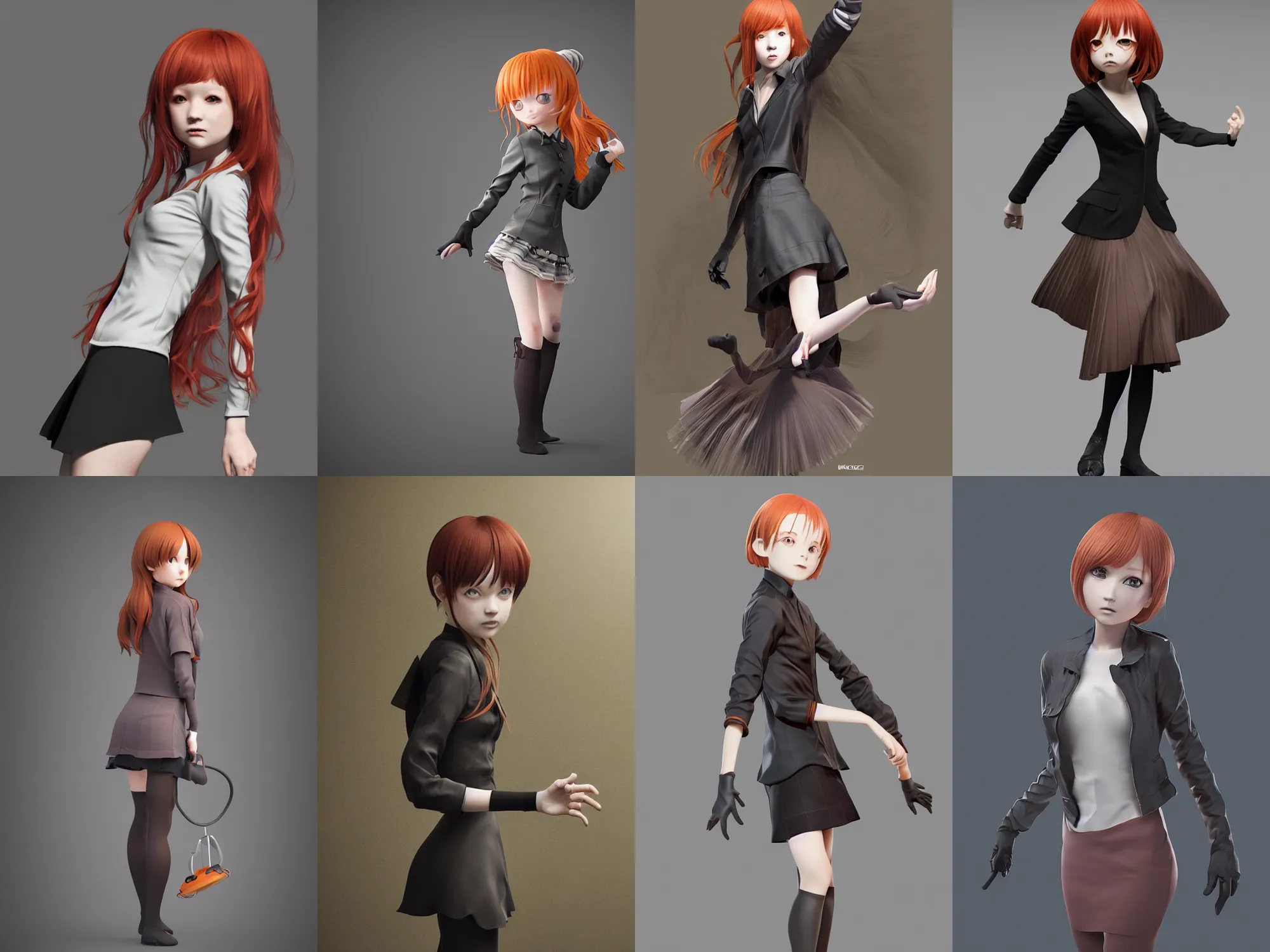 Prompt: Worksafe, wery complcated dynamic composition, realistic by Moekyon at Denbooru and Pixiv, Zbrush sculpt colored, Octane render in Maya and Houdini VFX, young redhead girl in motion, wearing jacket and skirt, silky hair, black stunning deep eyes. By ilya kuvshinov, krenz cushart, Greg Rutkowski, trending on artstation. Amazing textured brush strokes. Cinematic dramatic soft volumetric studio lighting