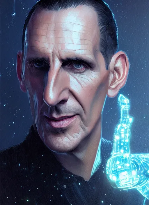 Image similar to portrait of the ninth doctor from doctor who, intricate, elegant, glowing lights, highly detailed, digital painting, artstation, concept art, smooth, sharp focus, illustration, art by wlop, mars ravelo and greg rutkowski