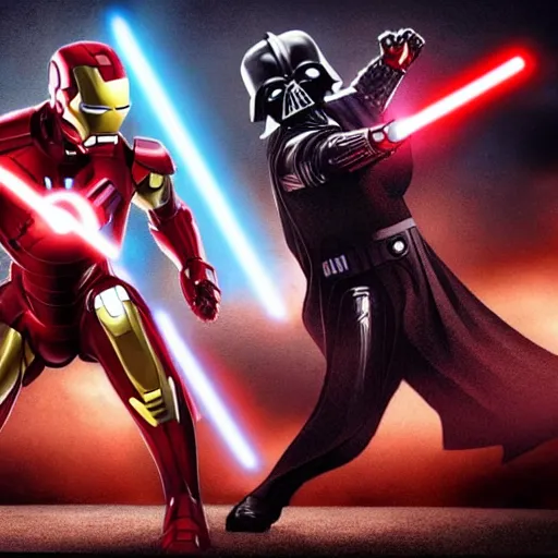 Image similar to iron man vs. darth vader, battle scene, movie scene, cinematic,