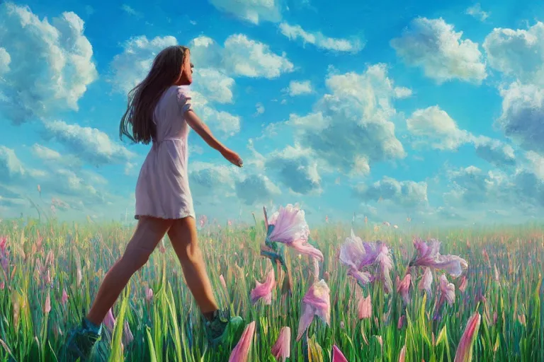 Image similar to giant gladiola head, girl walking in field of flowers, surreal photography, sunrise, blue sky, dramatic light, impressionist painting, digital painting, artstation, simon stalenhag