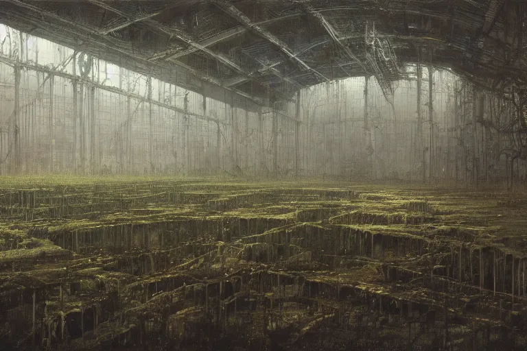 Prompt: flooded overgrown interior of boeing, matte painting, oil painting, by beksinski and giger and rutkovski, photoreal, highly detailed, hd, 8 k