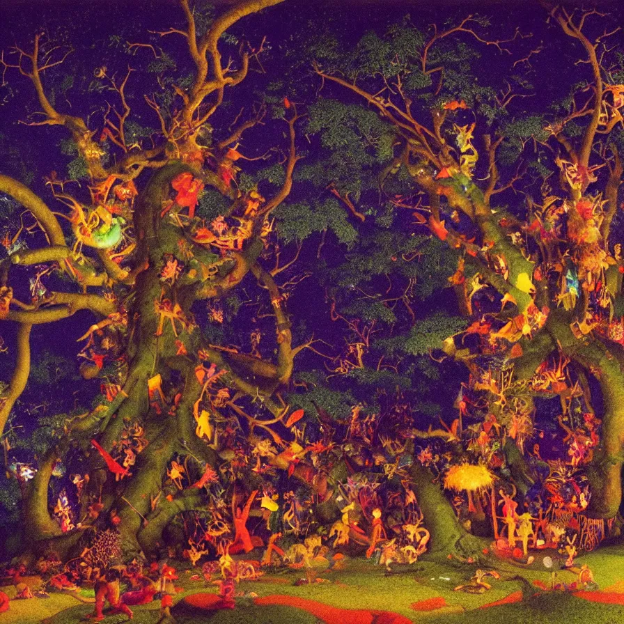 Image similar to closeup of a night carnival inside a tree cavity in a magical forest in the middle of a summer storm, with a music scenario with many fireworks and christmas lights, volumetric lightning, instense god rays in the sky, folklore people disguised with fantastic creatures in a magical forest by summer night, masterpiece painted by maxfield parrish, very coherent and colorful high contrast masterpiece,