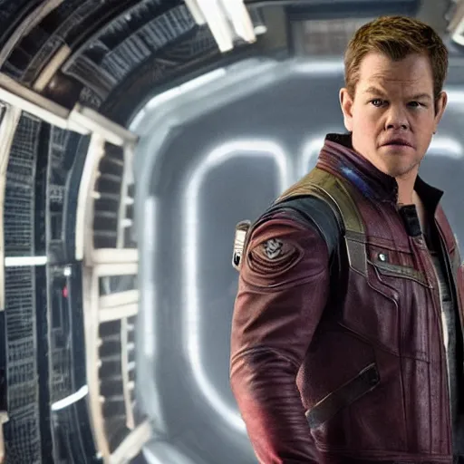 Prompt: film still of Matt Damon as Star Lord in Guardians of the galaxy