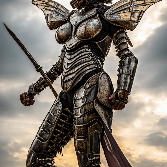 Image similar to full body photo of a beautiful cute strong warrior queen wearing insectoid armour, highly detailed, 8 k, hdr, smooth, sharp focus, high resolution, award - winning photo