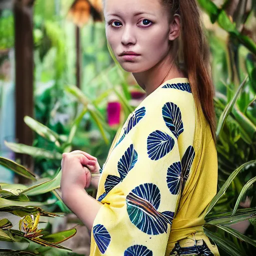 Image similar to amazing portrait photograph of beautiful young female model, symmetric face, symmetric eyes, slight smile, natural light,wearing a yellow kimono with a very detailed barn owl on her shoulder!!! in a tropical greenhouse. looking at the camera!!. super resolution. Extremely detailed. art by Rineke Dijkstra.