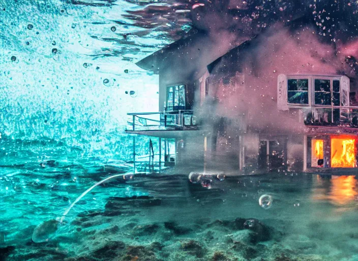 Image similar to dslr photo still of a house on fire under the water under water at the bottom of the ocean with lots of bubbles and light rays, 8 5 mm f 1. 8