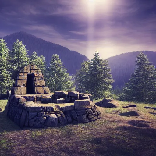 Image similar to an old lost Celtic ark made of stones, surrounded by a forest of tall pine trees, a mountain in the background, cloudy but bleu sky, photorealism, render with unreal engine, anamorphic lens flare, details, HD, 8k, cinematic