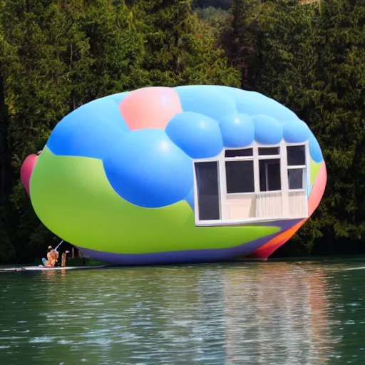 Prompt: floating house inspired by movie up, held by ballons in the air
