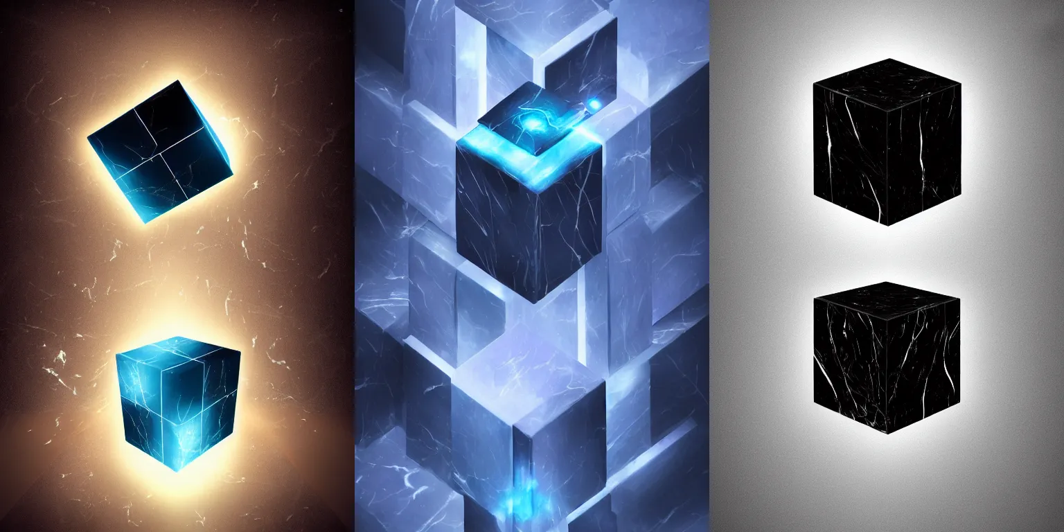 Prompt: big black marble cube. vertical blue beam of light. fantasy, digital painting, hd, detailed.