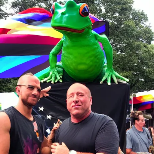 Prompt: alex jones and a giant frog atten the pride festival together