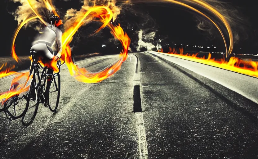 Prompt: a bicycle with a rocket engine attached to the back, flames and fire shooting out the back, light trails and motion blur, stylized photo