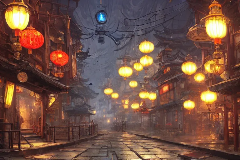 Prompt: chinese japanese steampunk street at night, japanese steampunk houses with cogs and clocks, cinematic art, concept art, darek zabrocki, noah bradley, artstation, realistic photorealistic street concept art
