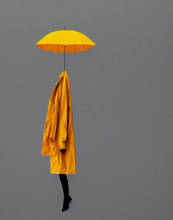 Image similar to close - up portrait of an empty slick fashionable zara raincoat floating suspended mid - air on a rainy display designed by james terrell, wes anderson, okuda, symmetry, rule of thirds