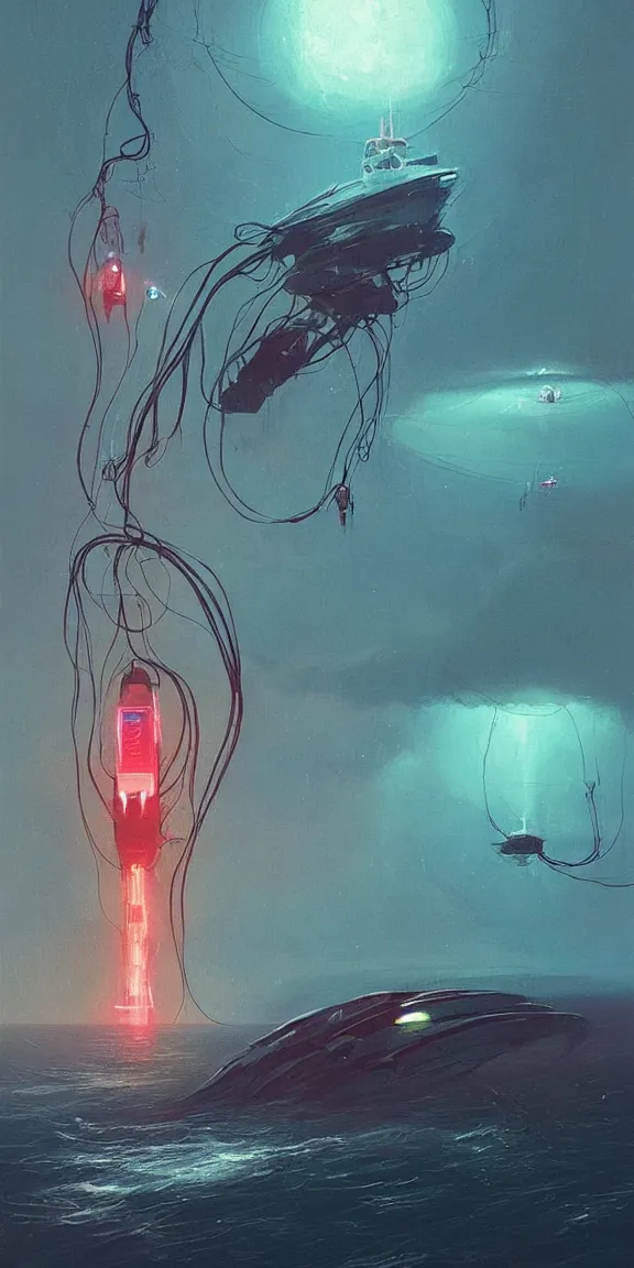 Prompt: squid shaped starship with long tendrils crashing into the sea, lots of hanging cables and wires, messy cords, sci - fi concept art, by john harris, by simon stalenhag, stunning, award winning