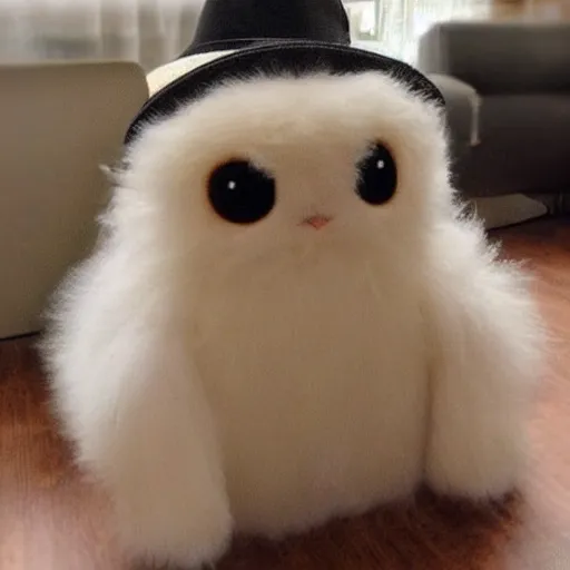 Prompt: super cute fluffy plushy creature with huge eyes wearing a hat