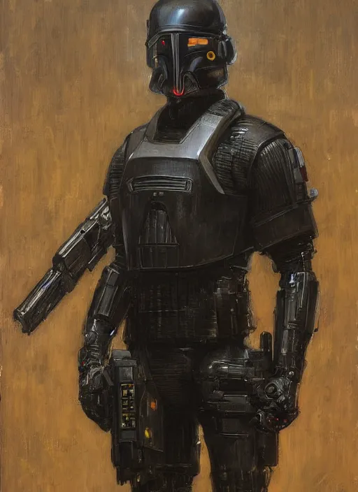 Image similar to Eliezer Nash. Menacing Cyberpunk police trooper wearing a combat vest and cybernetic combat gear. (dystopian, police state, Cyberpunk 2077, bladerunner 2049). Iranian orientalist portrait by john william waterhouse and Edwin Longsden Long and Theodore Ralli and Nasreddine Dinet, oil on canvas. Cinematic, vivid colors, hyper realism, realistic proportions, dramatic lighting, high detail 4k