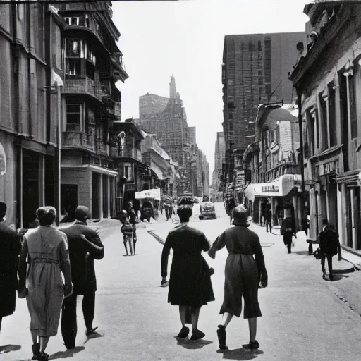 Image similar to a 1950s black and white photograph of a city street, people walking, aliens and monsters destroying buildings