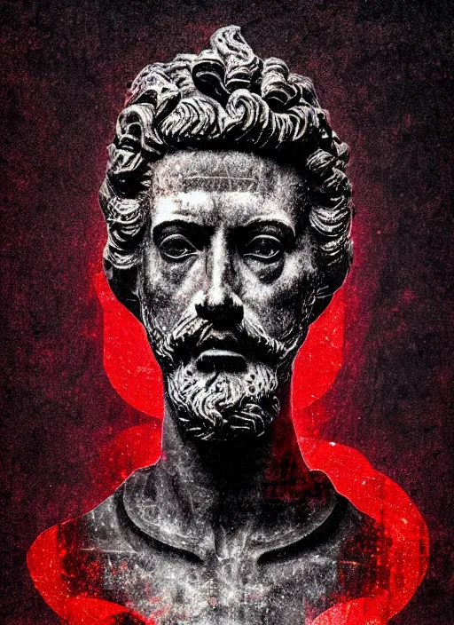 Image similar to dark design poster showing a statue of marcus aurelius, black background with very subtle red and purple design elements, powerful, nekro, guido crepax, graphic design, collage art, thin lines, dark, glitch art, neo vaporwave, gritty, layout frame, square, trending on artstation