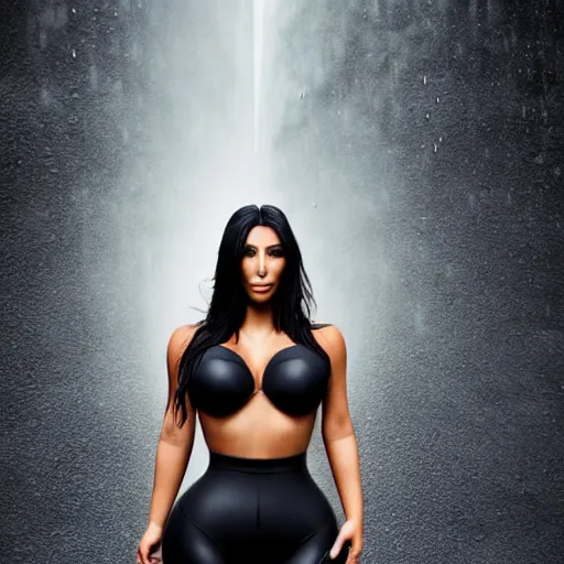 Prompt: kim kardashian leaning against a wall caught in the rain, soaked hair, wet body, wet clothing, 4k HD award winning photograph, wide shot, long depth of field