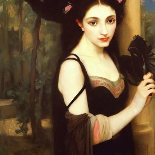 Prompt: oil painting of princess Vulvine, Hungarian, curly dark hair, fair skin, dark ominous, blurred background by Georgia o Keeffe, by Marcel Jankowicz, by Bouguereau, by Gustave Moreau, concept art, master, realism, romantism