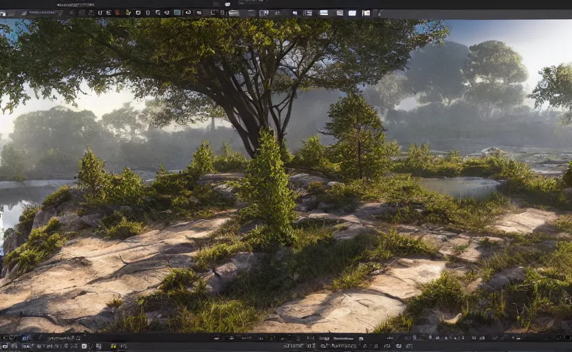 Image similar to beautiful landscape, Unreal Engine 5, RTX, AAA Game, Detailed 3D Render, Cinema4D