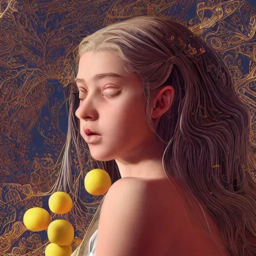 Image similar to the portrait of an absurdly beautiful, graceful, elegant, sophisticated, young teen girl made up of lemons looking up, an ultrafine hyperdetailed illustration by kim jung gi, irakli nadar, intricate linework, bright colors, octopath traveler, final fantasy, unreal engine 5 highly rendered, global illumination, radiant light, detailed and intricate environment