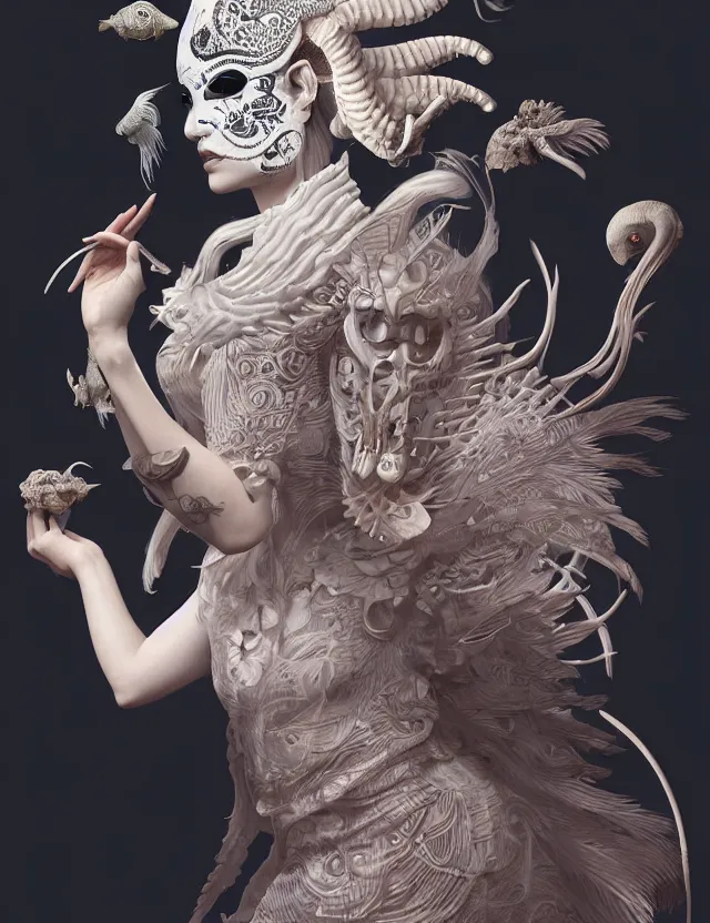 Image similar to 3 d goddess half - turn portrait with ram skull. beautiful intricately detailed japanese crow kitsune mask and clasical japanese kimono. betta fish, jellyfish phoenix, bio luminescent, plasma, ice, water, wind, creature, artwork by tooth wu and wlop and beeple and greg rutkowski