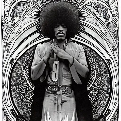 Prompt: artwork by Franklin Booth and Alphonse Mucha showing a portrait of Jimi Hendrix as a futuristic space shaman