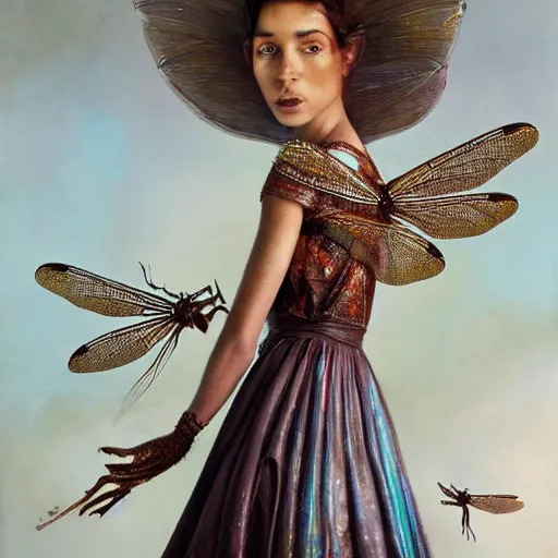 Image similar to brown woman wearing a shiny dragonfly armor. iridiscent. super detailed. layered. textured. award winning. dispersion of light. refracted lighting. soft. fragile. by ray caesar. by louise dahl - wolfe. by andrea kowch. by tom bagshaw. surreal photoraphy