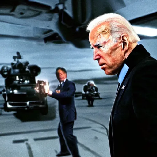 Prompt: joe biden is a terminator shooting donald trump, cinematic, establishing shot, extremly high detail, photorealistic, cinematic lighting, style by James Gurney