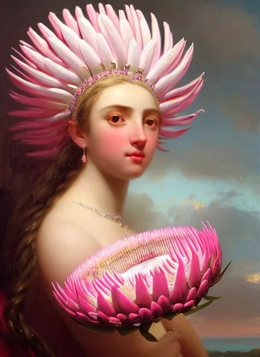 Image similar to stunning colombian godess princess, detailed pink and white protea head peace against a black backdrop by ivan aivazovsky, wlop, super sharp details, photorealism, 5 0 mm lens, oil painting, beautiful soft lighting, muted colours, artstation