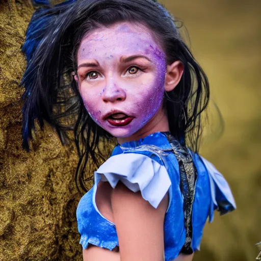 Image similar to a little blue-skinned girl with messy black hair sharp pointed ears freckles along the ridges of her cheeks and sharp pointy teeth, dnd triton, high resolution film still, 4k, HDR colors