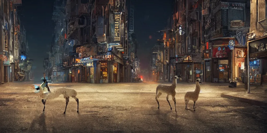 Image similar to a llama walking through a desolate city street at night, realistic 4 k octane beautifully detailed render, 4 k post - processing, highly detailed, intricate complexity, epic composition, magical atmosphere, cinematic lighting, masterpiece, ultra hd