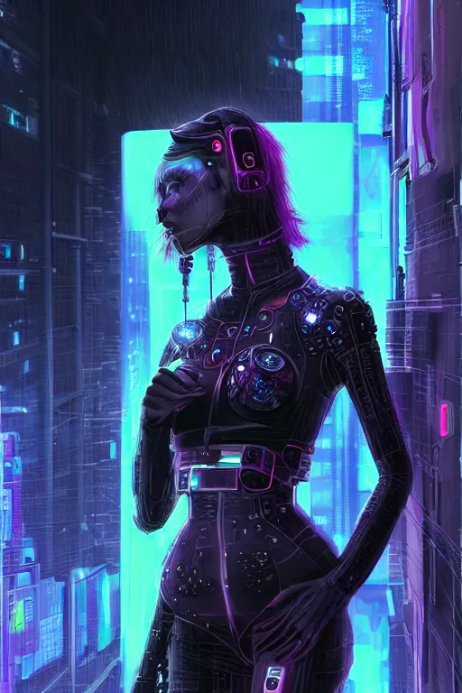 Image similar to portrait futuristic nefarious cyberpunk female Necromancer, in futuristic rainny thunder flashing tokyo rooftop cyberpunk night, ssci-fi, fantasy, intricate, very very beautiful, elegant, neon light, highly detailed, digital painting, artstation, concept art, soft light, hdri, smooth, sharp focus, illustration, art by tian zi and craig mullins and WLOP and alphonse mucha