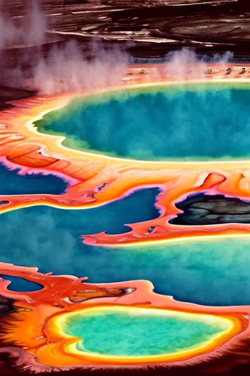 Prompt: grand prismatic spring drone photorealism by arthur haas and bruce pennington and john schoenherr, cinematic matte painting, 8 k, dark color palate