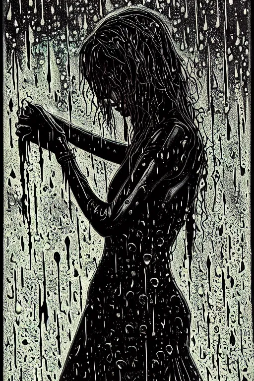 Prompt: crying gothic girl with smoky eyes, black leather slim dress, chains, strong rain night, beautiful body, detailed acrylic, grunge, intricate complexity, by dan mumford and by alberto giacometti, peter lindbergh