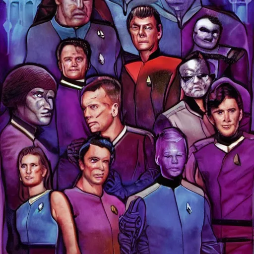 Image similar to Star Trek the next generation crew portrait, cyberpunk, synthwave, highly detailed