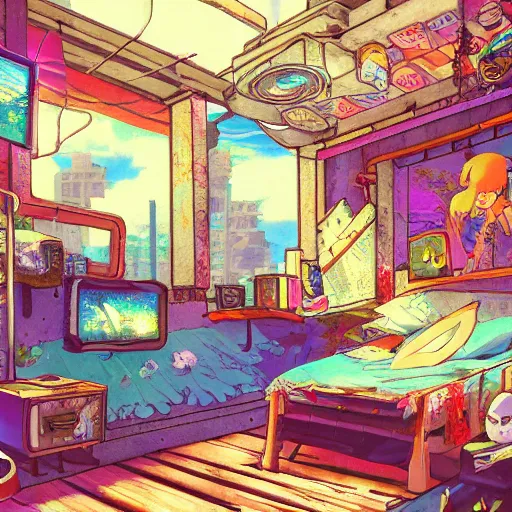 Image similar to painted anime background of the interior of a bedroom in the slums built from various coral seashells and being reclaimed by nature, nostalgia, vaporwave, litter, steampunk, cyberpunk, caustics, anime, vhs distortion, inspired by splatoon by nintendo, art created by miyazaki