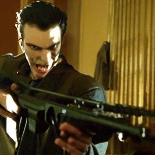 Prompt: Still from Vampires Holding Guns 2: Vampires Holding Rifles, poor quality, awful movie, heavily downvoted