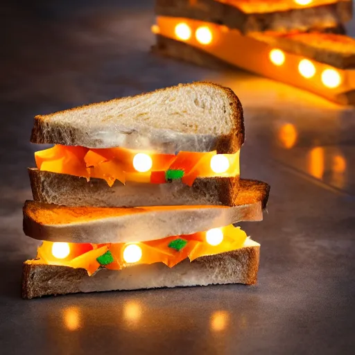 Prompt: sandwich of leds lights with seitan and cheddar, studio photo, amazing light