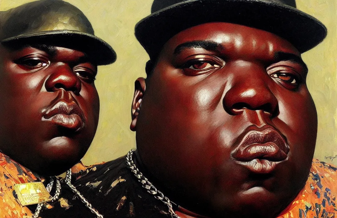 Image similar to portrait of biggie smalls!!!!!!!!!!!!!!!!!!!!!!!!!!!, detailed face, detailed painting,, epic lighting, by ilya repin, phil hale and kent williams