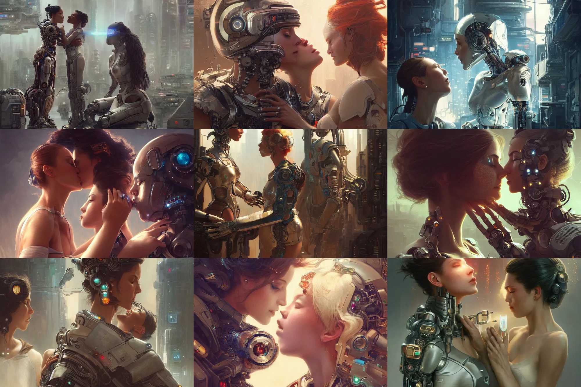Prompt: Ultra realistic illustration, two women kissing a robot, cyberpunk, sci-fi, fantasy, intricate, elegant, highly detailed, digital painting, artstation, concept art, smooth, sharp focus, illustration, art by artgerm and greg rutkowski and alphonse mucha