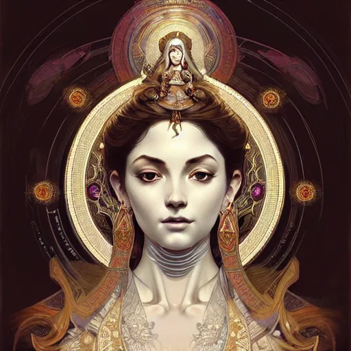 Image similar to intense portrait of the white tara, intricate, elegant, highly detailed, my rendition, digital painting, artstation, concept art, smooth, sharp focus, illustration, art by artgerm and greg rutkowski and alphonse mucha