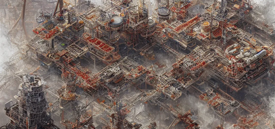 Prompt: an oil rig where the floor is made of pizza, 80s style, intricate, hyper detailed, 8k, james gurney, greg rutkowski, john howe, artstation