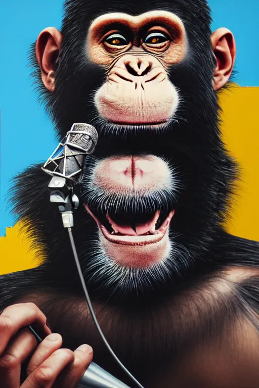 Image similar to a portrait of an anthropomorphic rockstar chimp singing into a microphone on a stand by sandra chevrier, by jon foster, detailed render, tape deck, epic composition, cybernetics, 4 k realistic, cryengine, realistic shaded lighting, sharp focus, masterpiece, by enki bilal