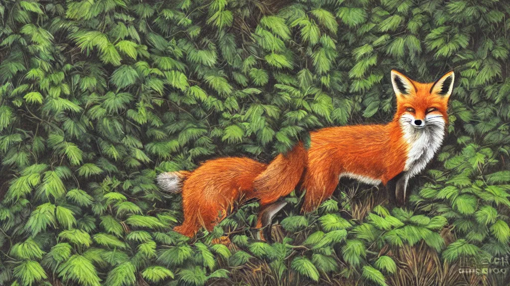 Prompt: a fox in the bushes rayonism artwork