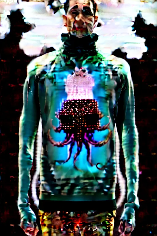 Image similar to a cybernetic Cthulhu cashmere sweater on Pete Wentz created by Gerald Brom, Peter Mohrbacher, Basquiat, James Jean, Craig Mullins, Alphonse Mucha, Mike Mignola, Akihiko Yoshida + intricate, ornate detailed Illustration